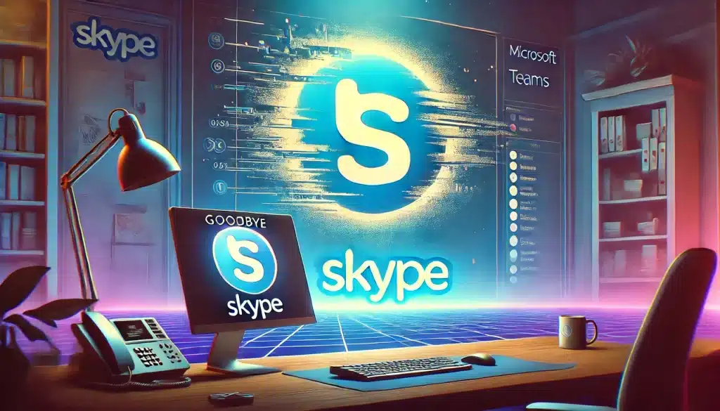 Skype se despide: Microsoft anuncia el cierre de la icónica plataforma de videollamadas 2 DALL·E 2025 03 01 11.32.45 A digital illustration depicting the shutdown of Skype. The image shows a large faded Skype logo being replaced by the Microsoft Teams logo. A comput
