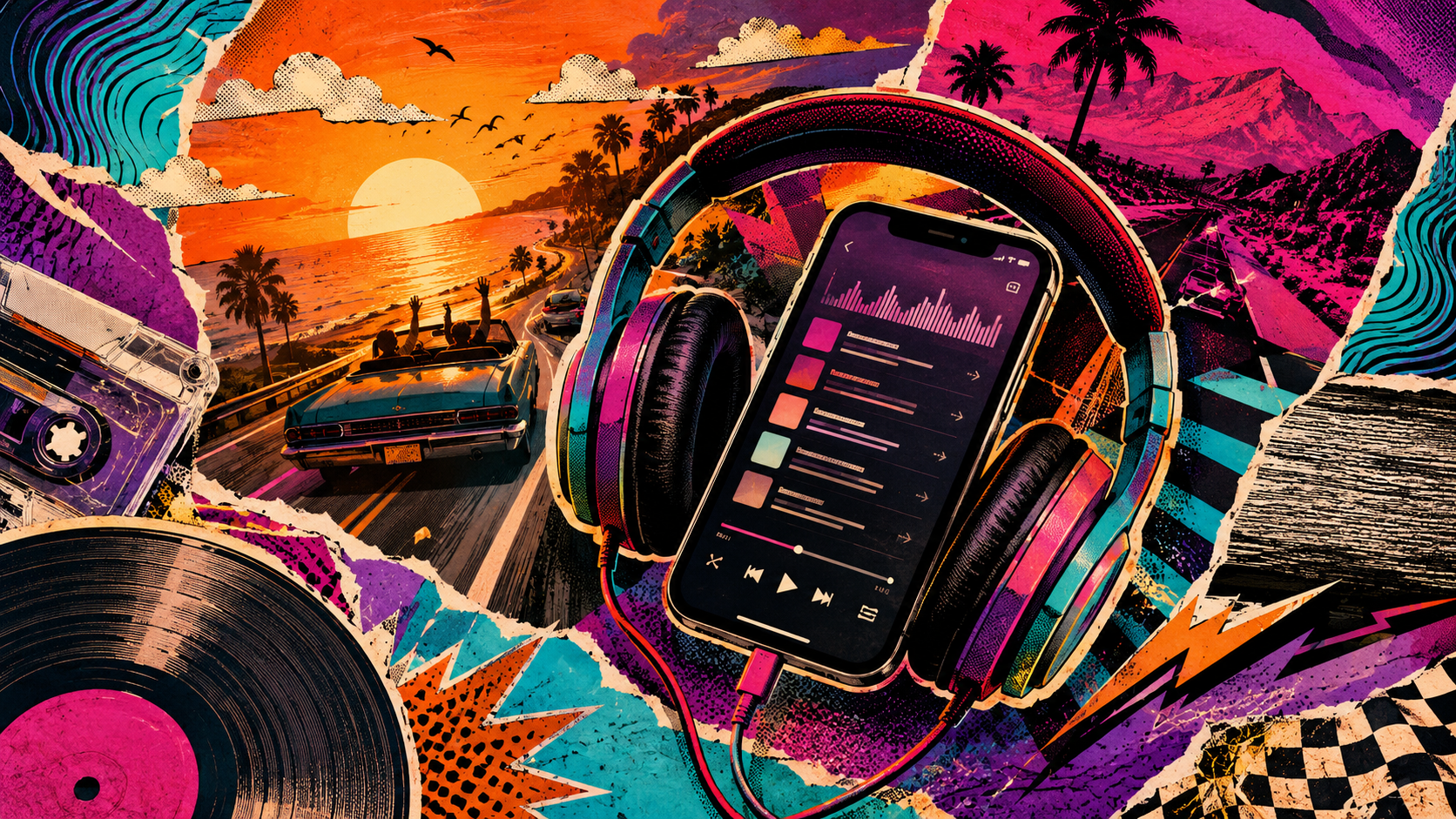 Atardecer de verano con auriculares y playlist de viaje
