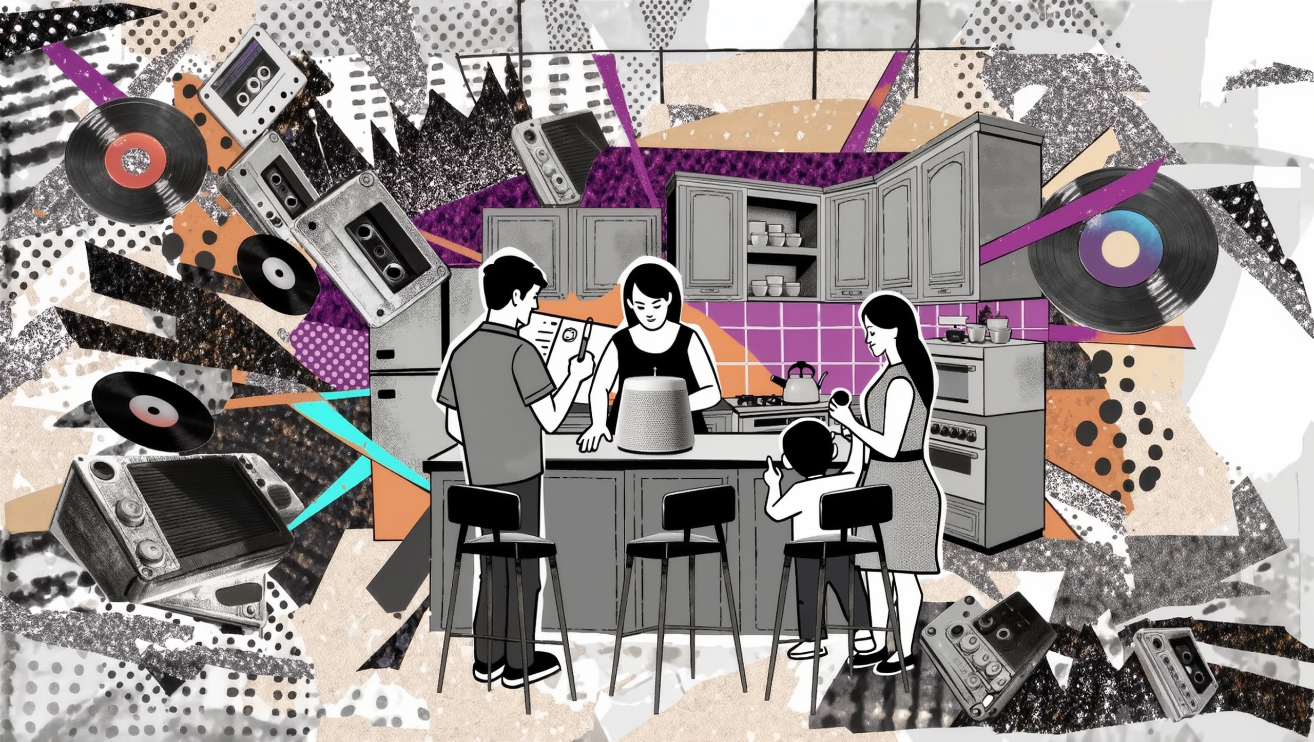 Las mejores herramientas de IA gratuitas 2026: guía completa por categorías 6 Familia usando un altavoz inteligente con IA en la cocina mientras organiza tareas del hogar