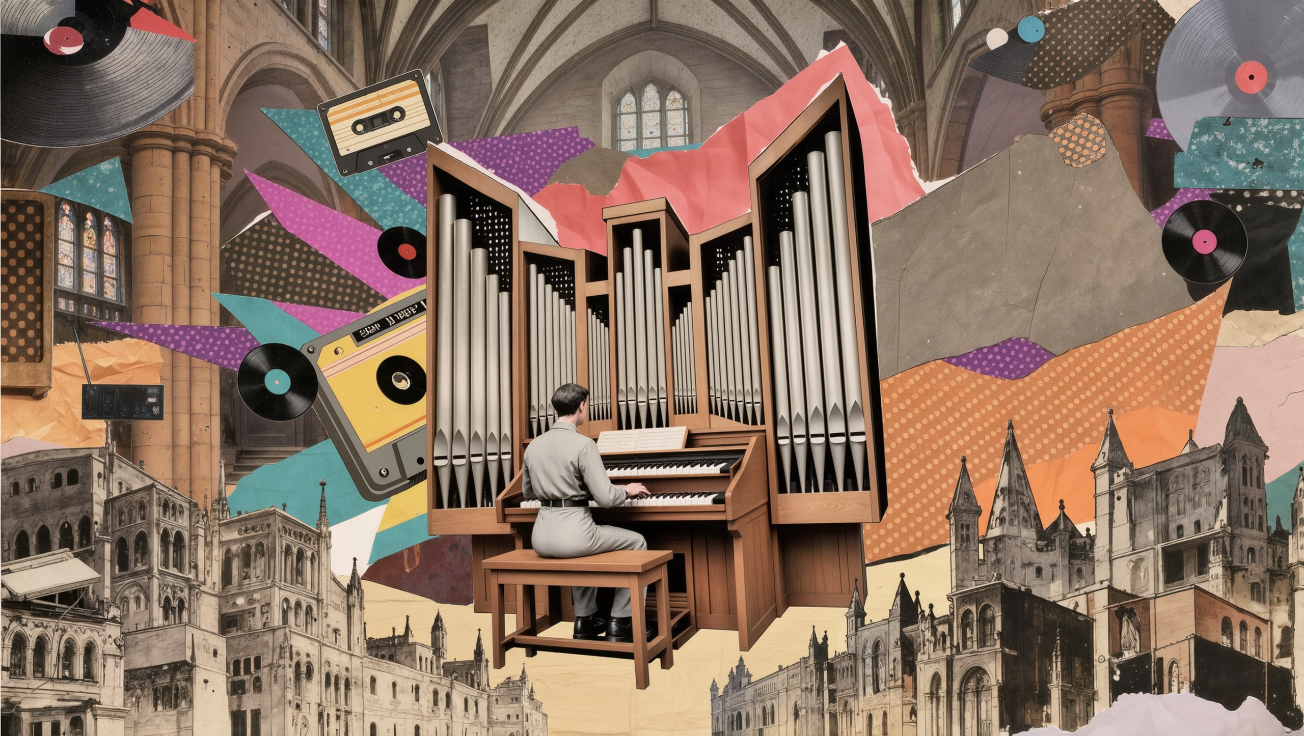 Los Instrumentos Musicales Más Difíciles del Mundo (y Por Qué Cuestan Tanto) 6 Organista tocando un órgano de tubos con manos en dos teclados y pies en el pedalero
