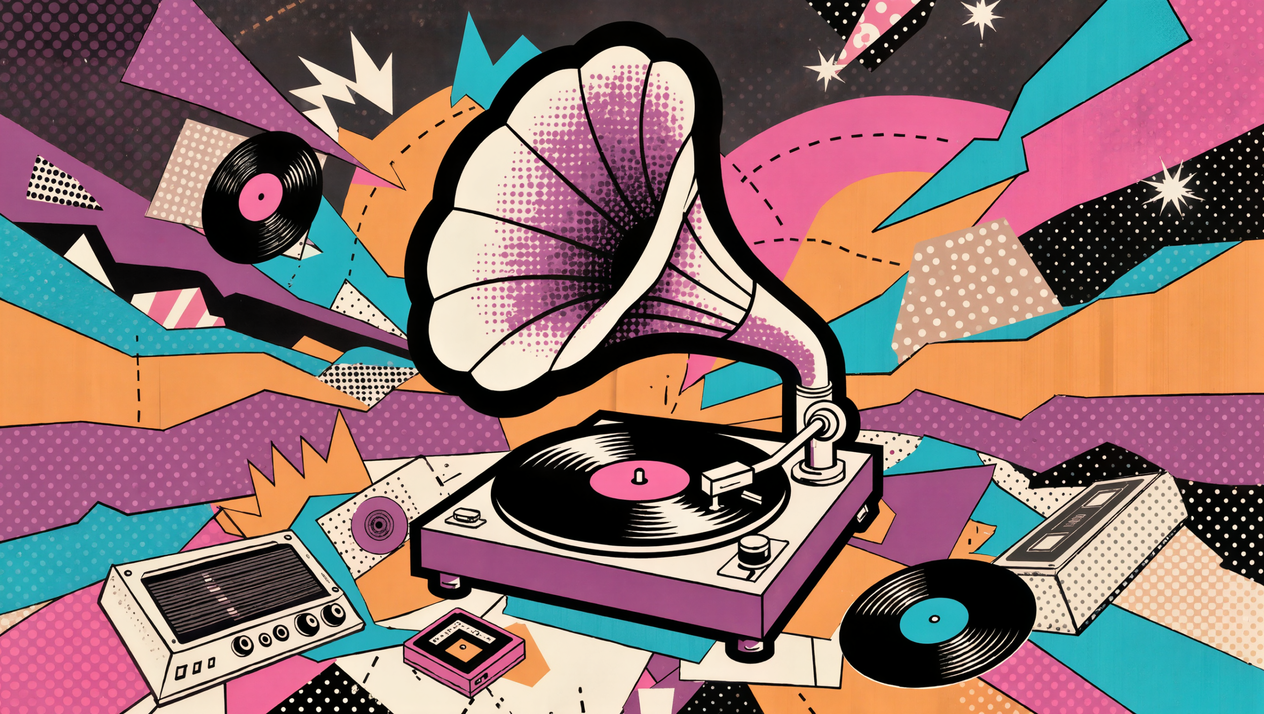 Historia del vinilo 3 Ilustración de la historia del vinilo mostrando la evolución del gramófono antiguo al tocadiscos moderno