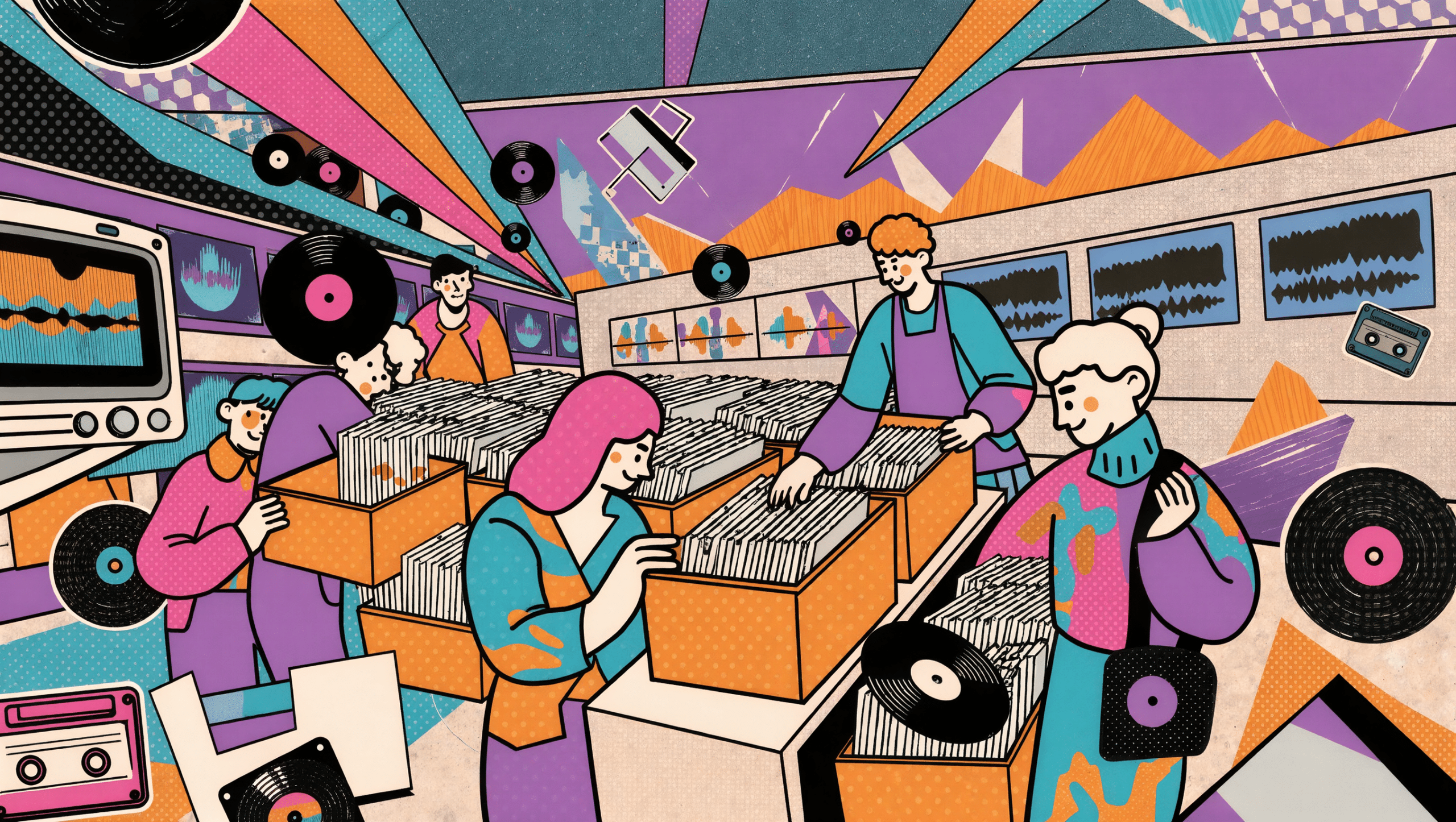 Historia del vinilo 7 Escena futurista de una tienda de discos moderna combinando vinilos clásicos y tecnología digital actual