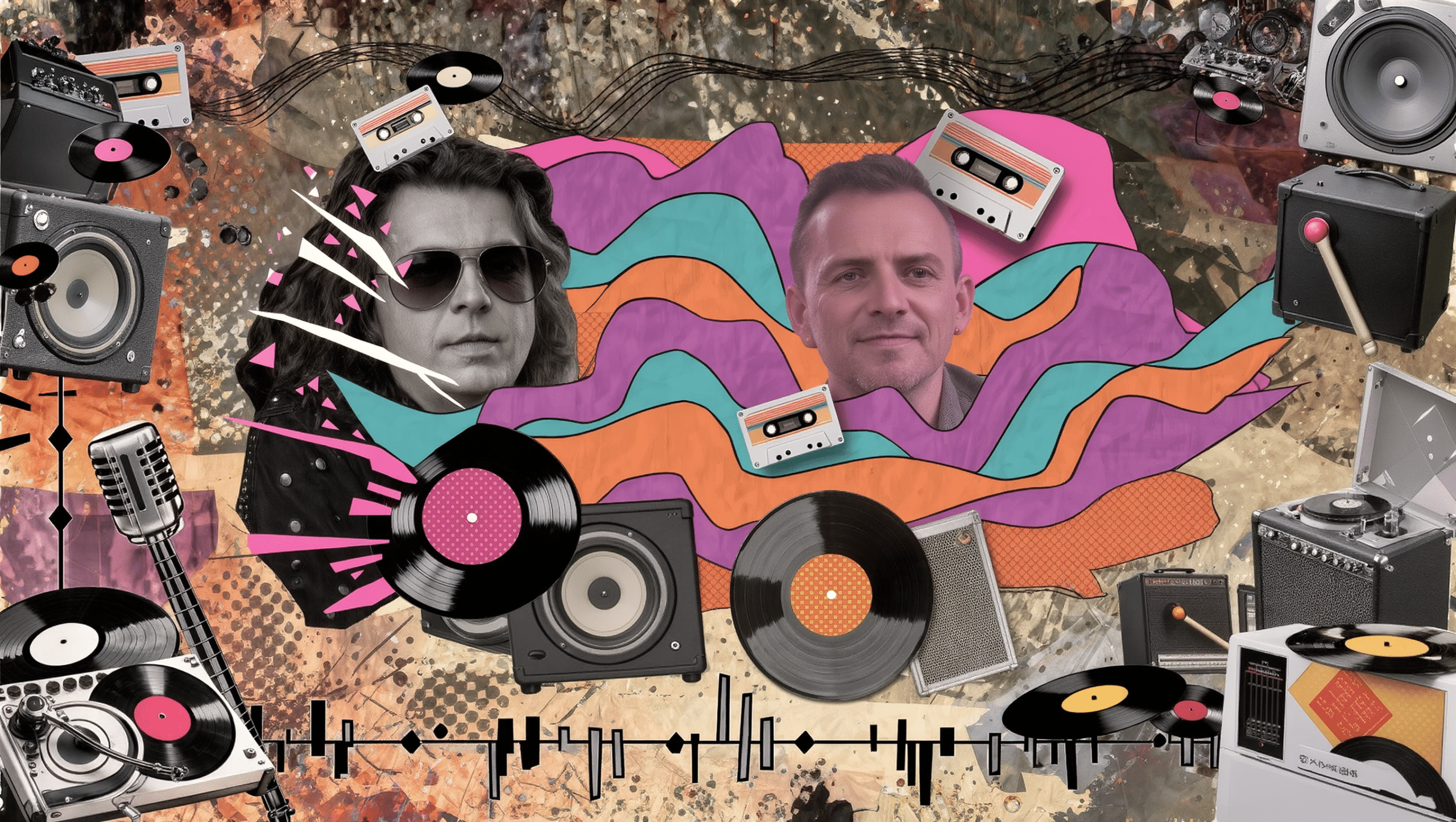 Línea de tiempo ilustrada de la historia del vinilo mostrando distintas décadas y géneros musicales