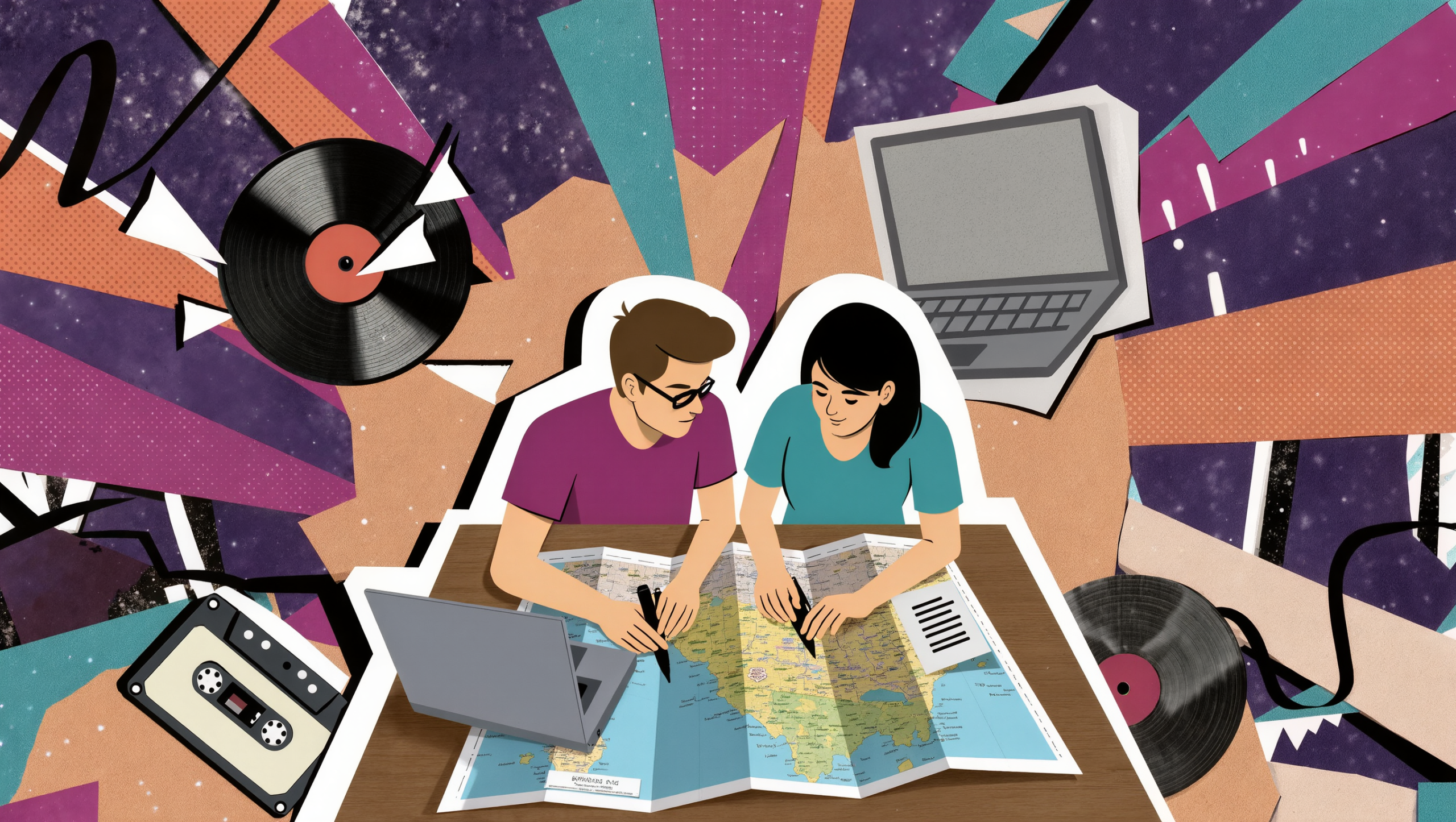 pareja joven revisando un mapa de España y una lista de tareas de mudanza sobre una mesa de madera