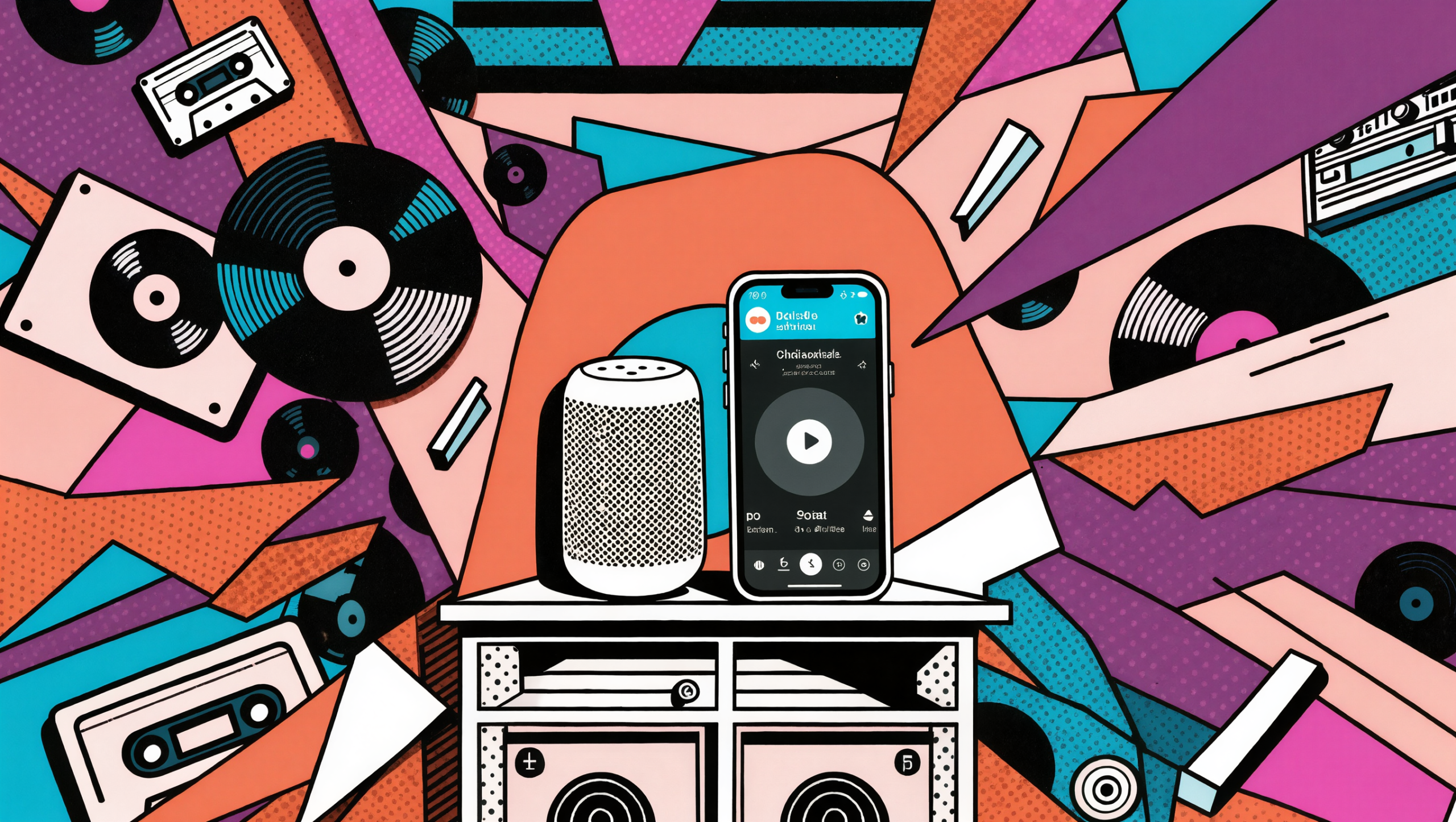 Altavoz inteligente reproduciendo música en un salón conectado a una app de streaming