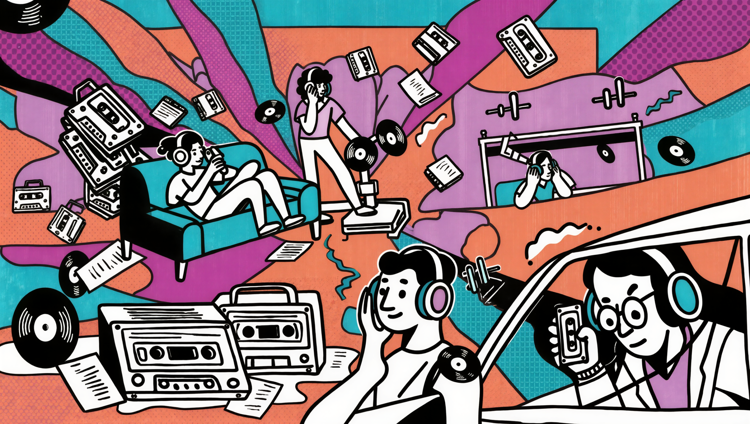 Distintos perfiles de usuarios escuchando música con auriculares en diferentes contextos: casa, gimnasio y coche