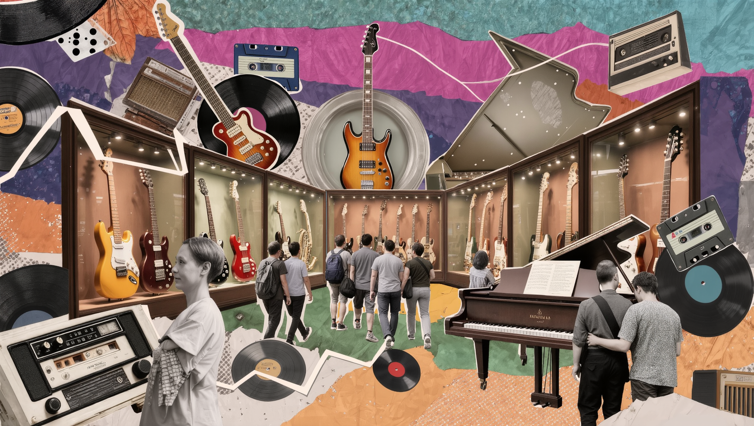 turistas visitando un museo de historia de la música con instrumentos expuestos en vitrinas